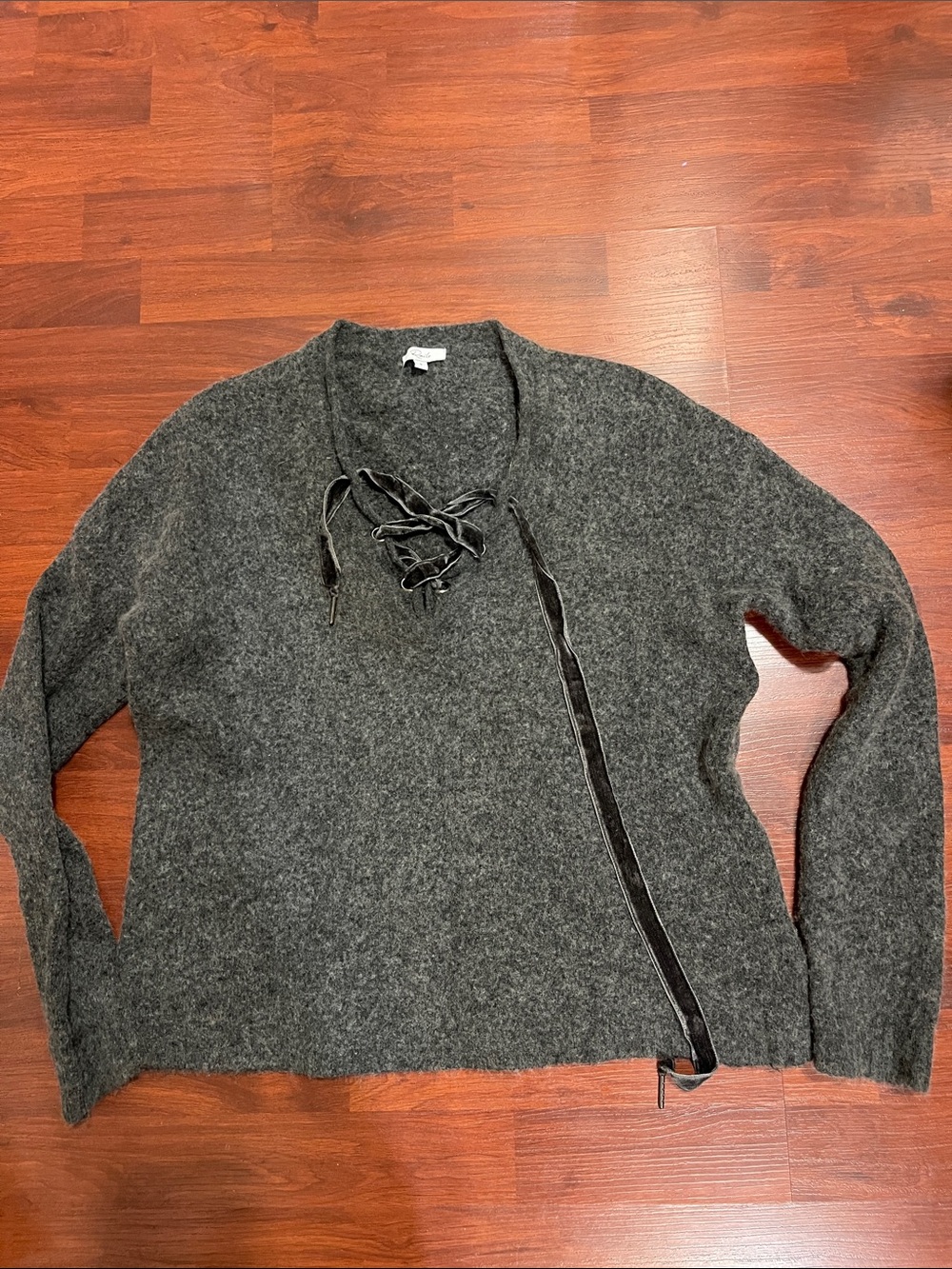 Rails Gray Lace-Up V-Neck Sweater